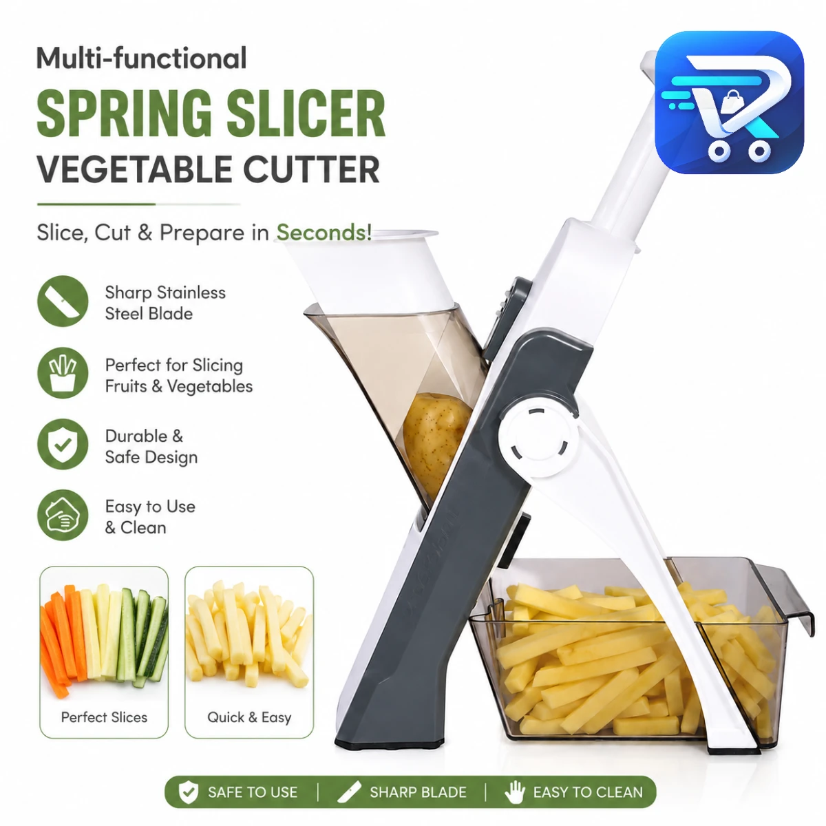 Multi-functional Spring Vegetable Slicer & Cutter – Adjustable Thickness Safe Mandoline Slicer for Julienne, Dicing, Carrot, Potato & Kitchen Chopping