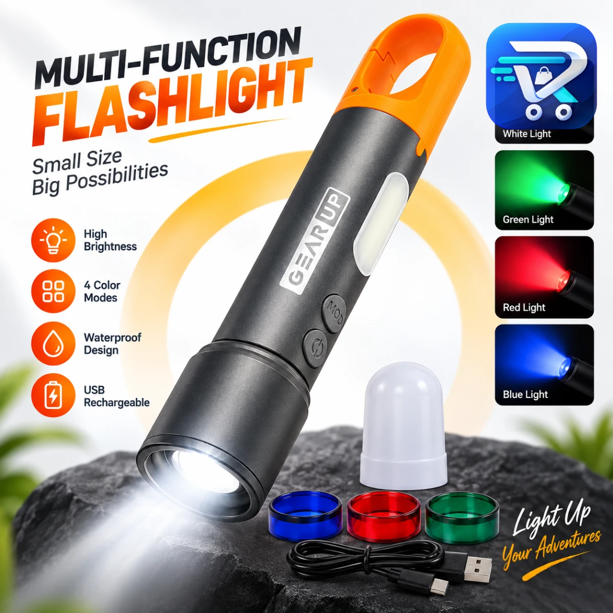 Traveller Light LED Torch – 500 Lumen Portable Tactical Flashlight with 1200mAh Battery, Optical Zoom, 9 Lighting Modes, IP65 Waterproof & USB-C Charging